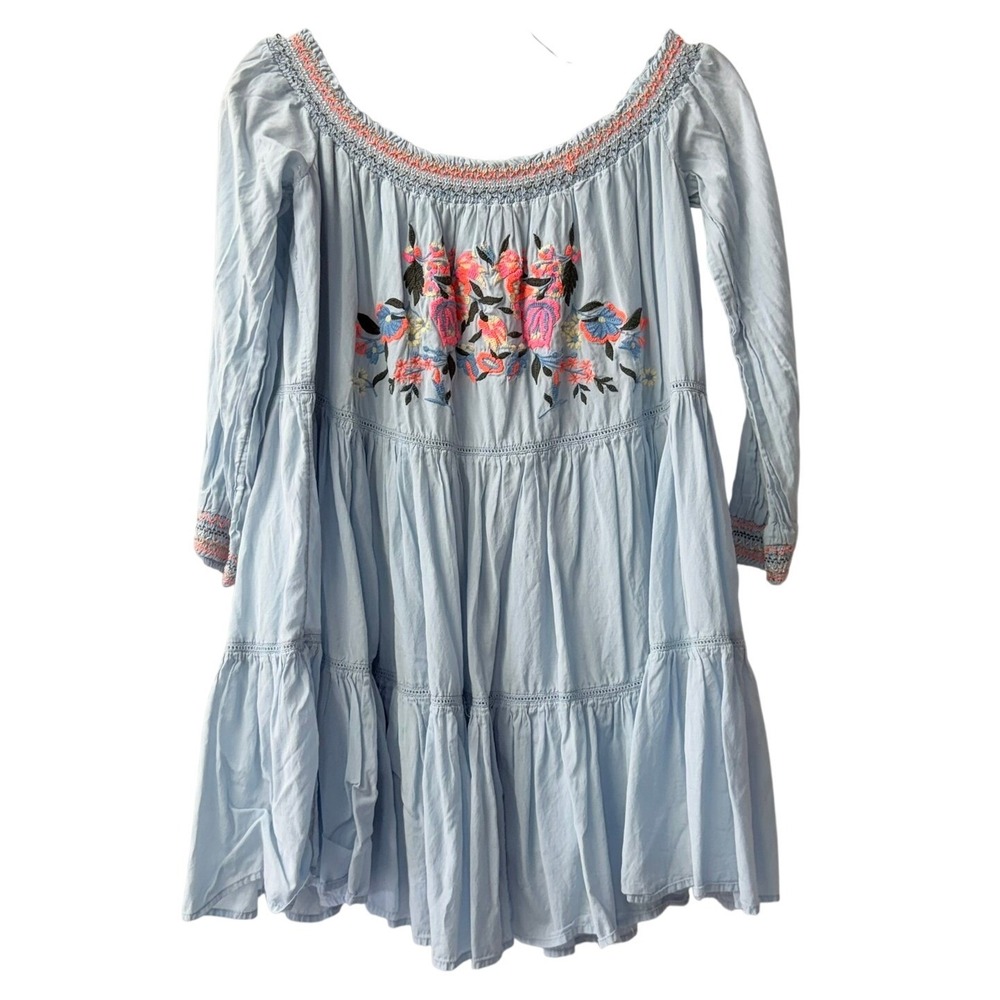 Free People Dress Womens Medium Blue Floral Embroidered Boho Tiered Mini
